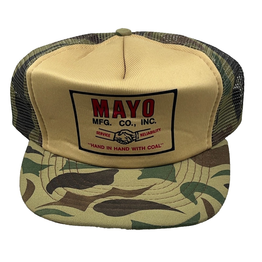 Vintage Mayo MFG Trucker Hat Cap 90s Coal Mine Mining Equipment Tan Camo Green